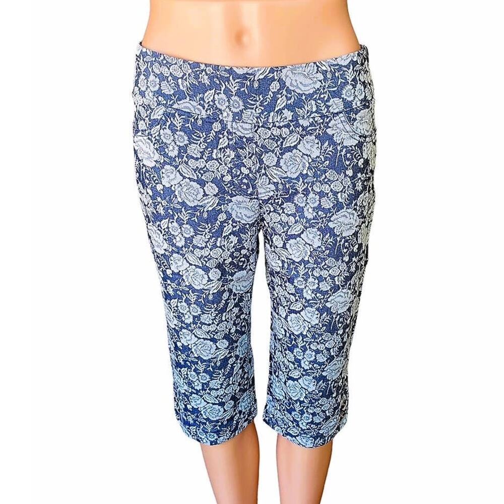 ALIA Floral Denim Blue Jeans Capri Short Pull On Pants ~ Women's Size 8